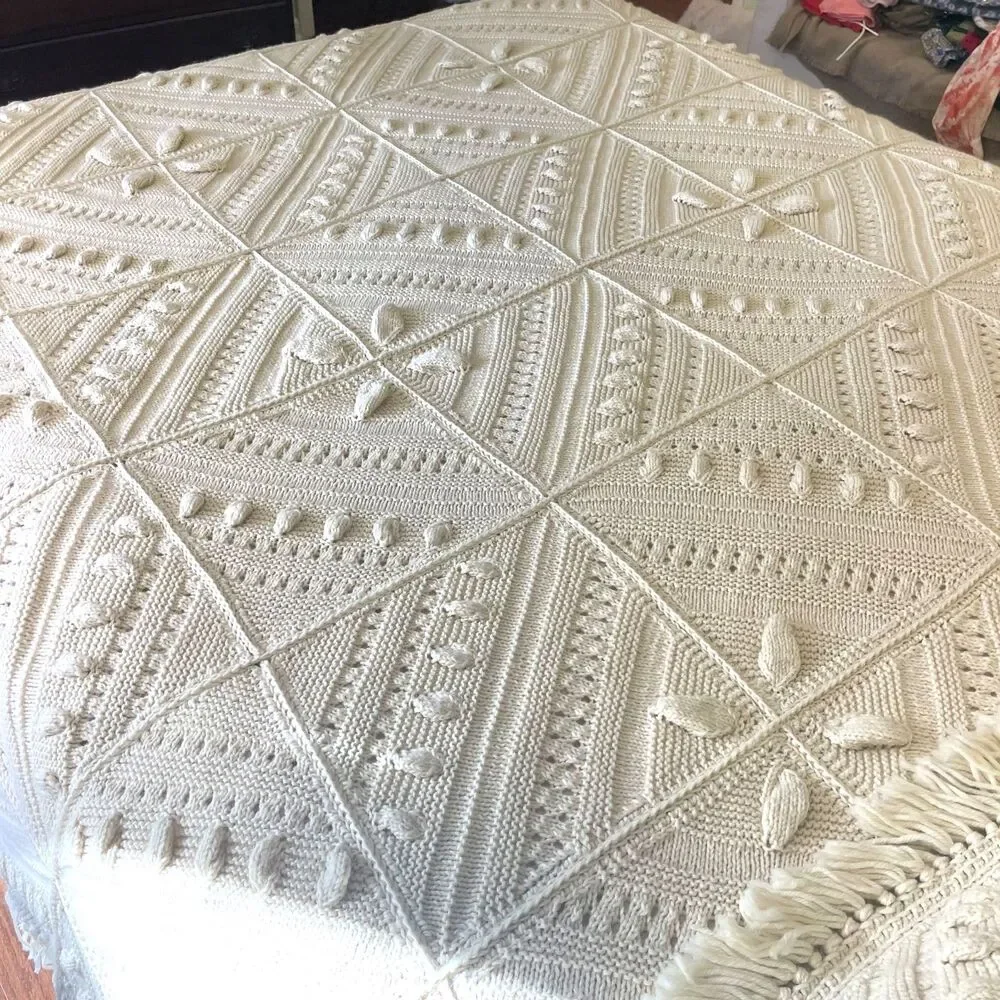 Vintage 1970s Hand Knit Queen Bedspread Blanket Set Ivory Boho Cottage Grandma